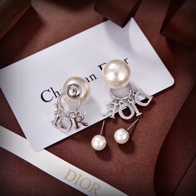 Dior Metal Branco Dourado Dupla Pérola Brincos Pendantes 2