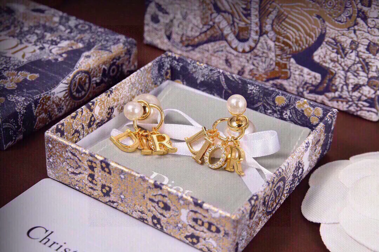 Dior Metal Branco Dourado Dupla Pérola Brincos Pendantes 3