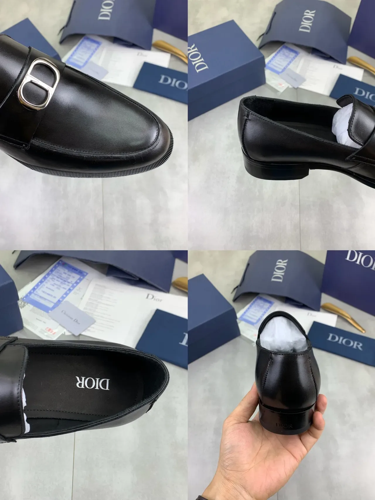 Dior লোফার কালো রূপা পলিশড চামড়া D বাকেল ধাতু স্ট্র্যাপ 2