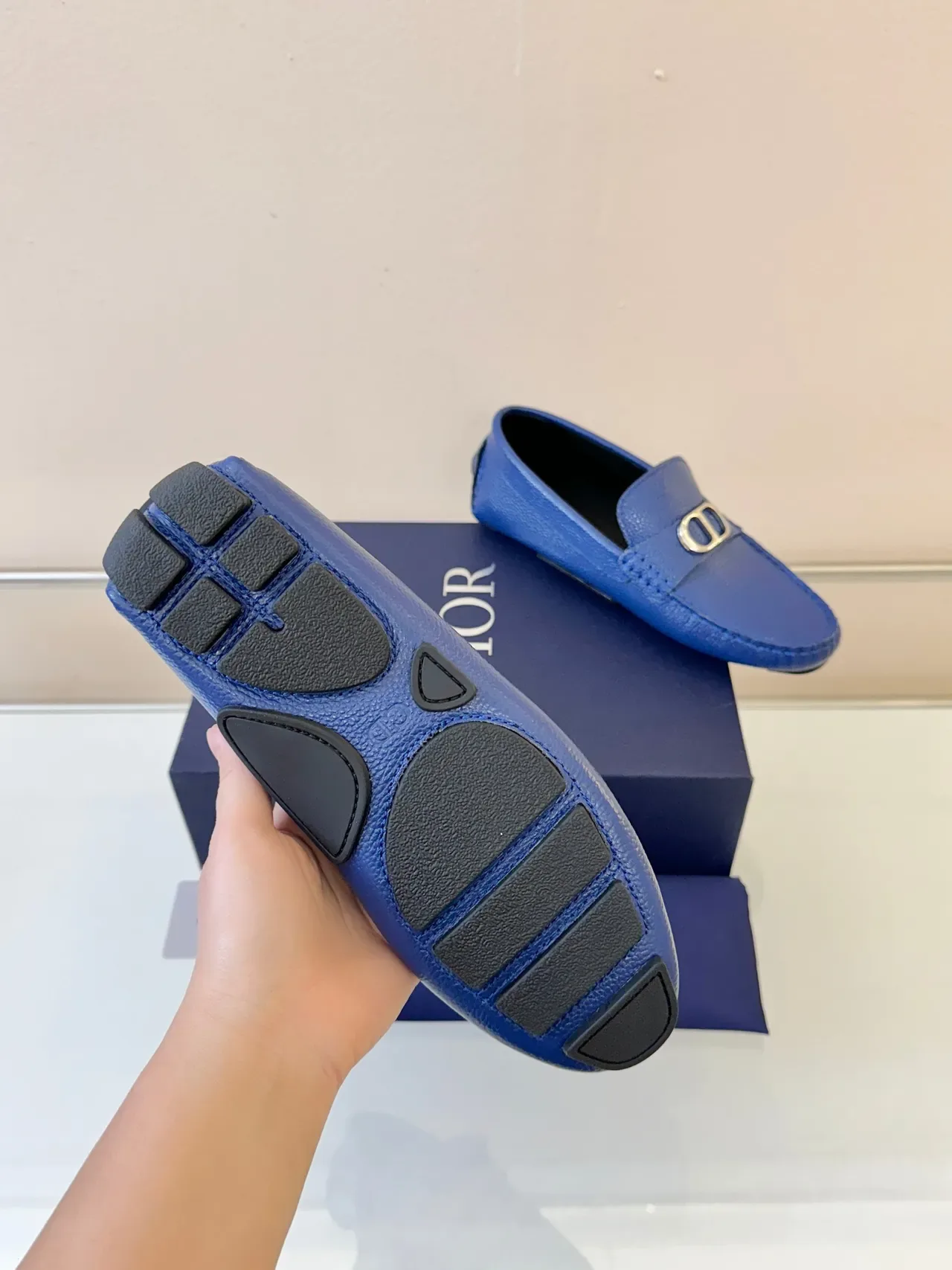 Dior Loafer Blue Gold Pebbled Leather D-Shaped Metal Buckle Loafer 5