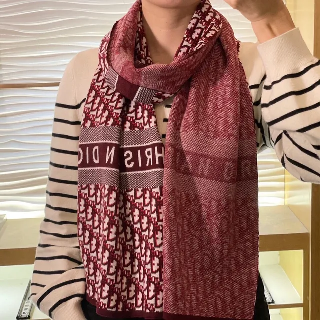 Dior Logo-Intarsia وشاح كشمير أحمر وأبيض محبوك 2