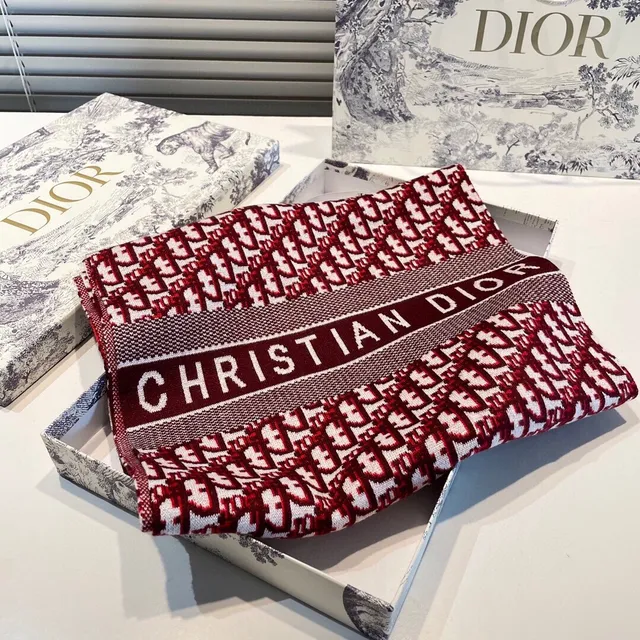 Dior Logo-Intarsia وشاح كشمير أحمر وأبيض محبوك 4
