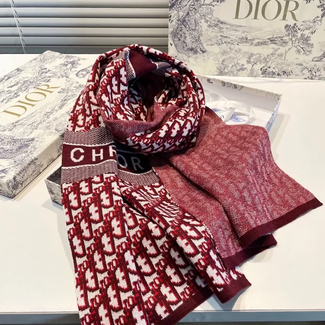 Dior Logo-Intarsia وشاح كشمير أحمر وأبيض محبوك 7