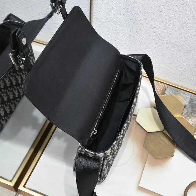 Dior Oblique Messenger حقيبة رسول أسود مونوغرام كانفاس جلد طية حقيبة رسول 6