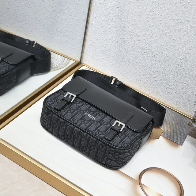 Dior Oblique Messenger حقيبة رسول أسود مونوغرام كانفاس جلد طية حقيبة رسول 10