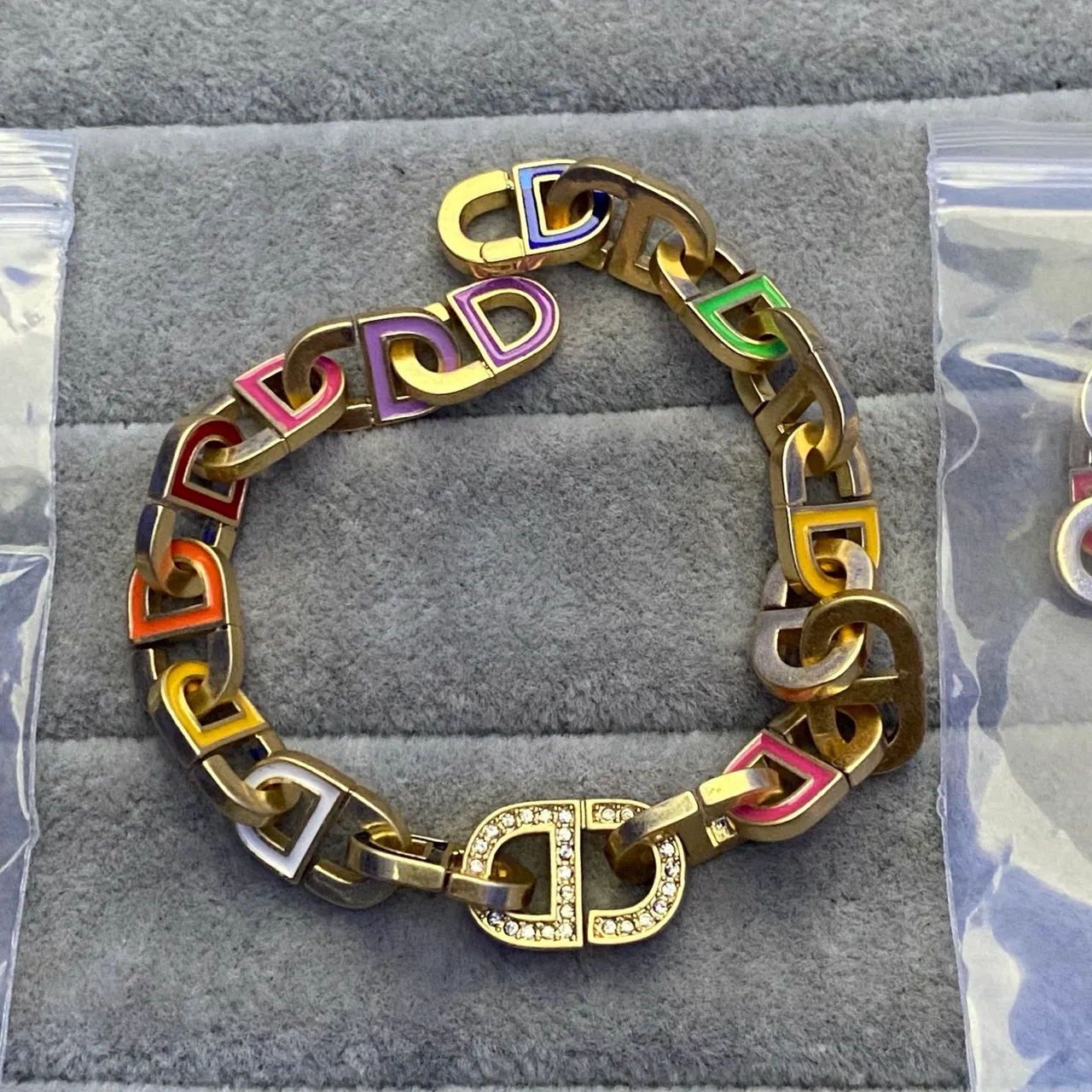 Dior Orange Gold Enamel-Letter Logo Pearl-Accented Bracelet 22