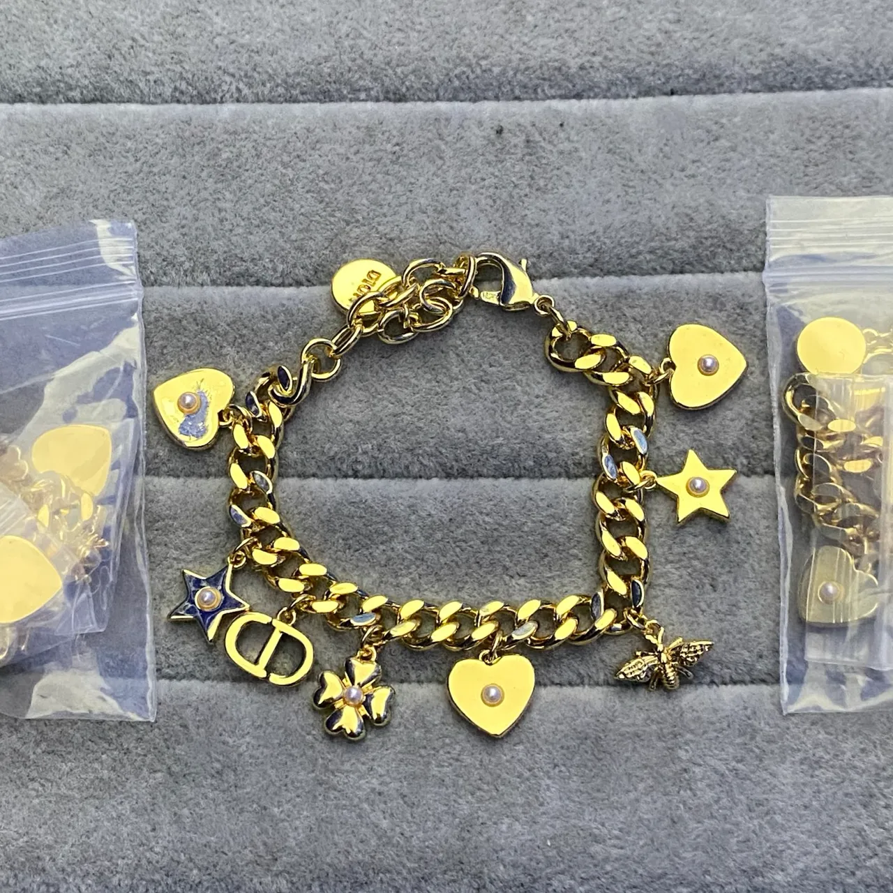 Dior Orange Gold Enamel-Letter Logo Pearl-Accented Bracelet 23