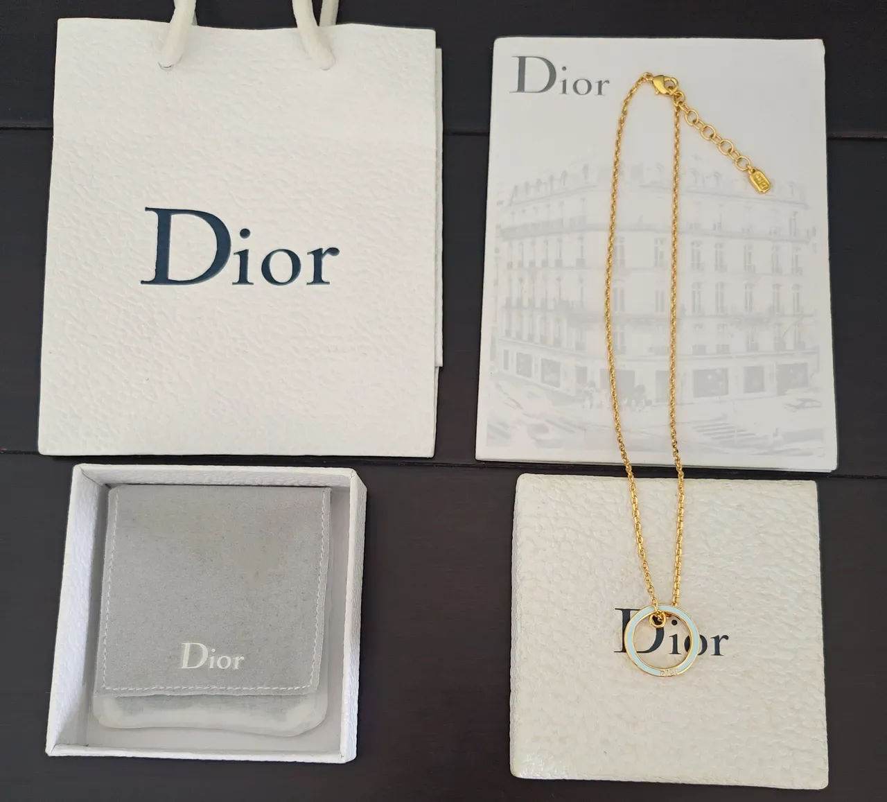 Dior Rose des Vents Collar Pendente Cadena De Cuerda Dorado Azul Doble Anillo 2