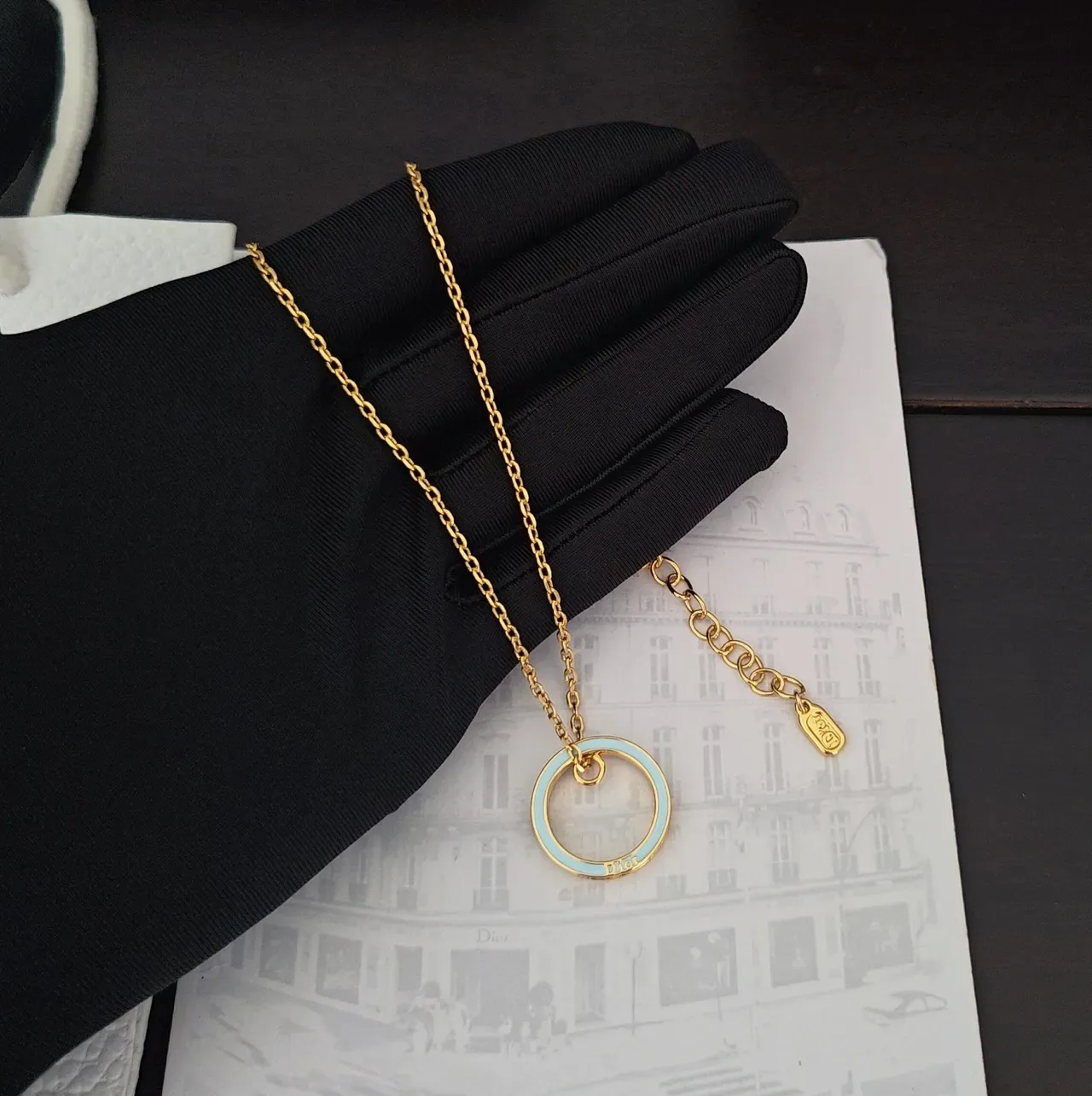 Dior Rose des Vents Collar Pendente Cadena De Cuerda Dorado Azul Doble Anillo 3