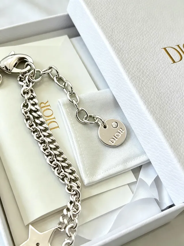 Pulsera Dior Plata Transparente Cadena Curb Doble Capa Pavé Cristal Estrella Encanto 2