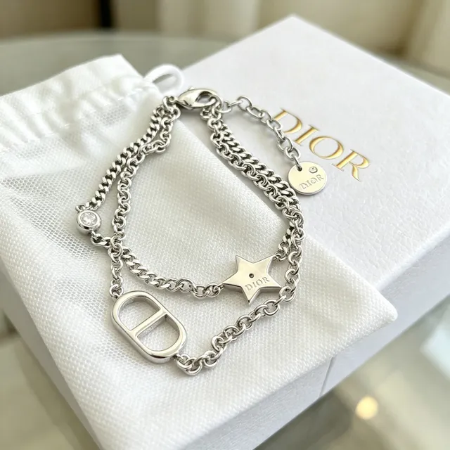 Pulsera Dior Plata Transparente Cadena Curb Doble Capa Pavé Cristal Estrella Encanto 3