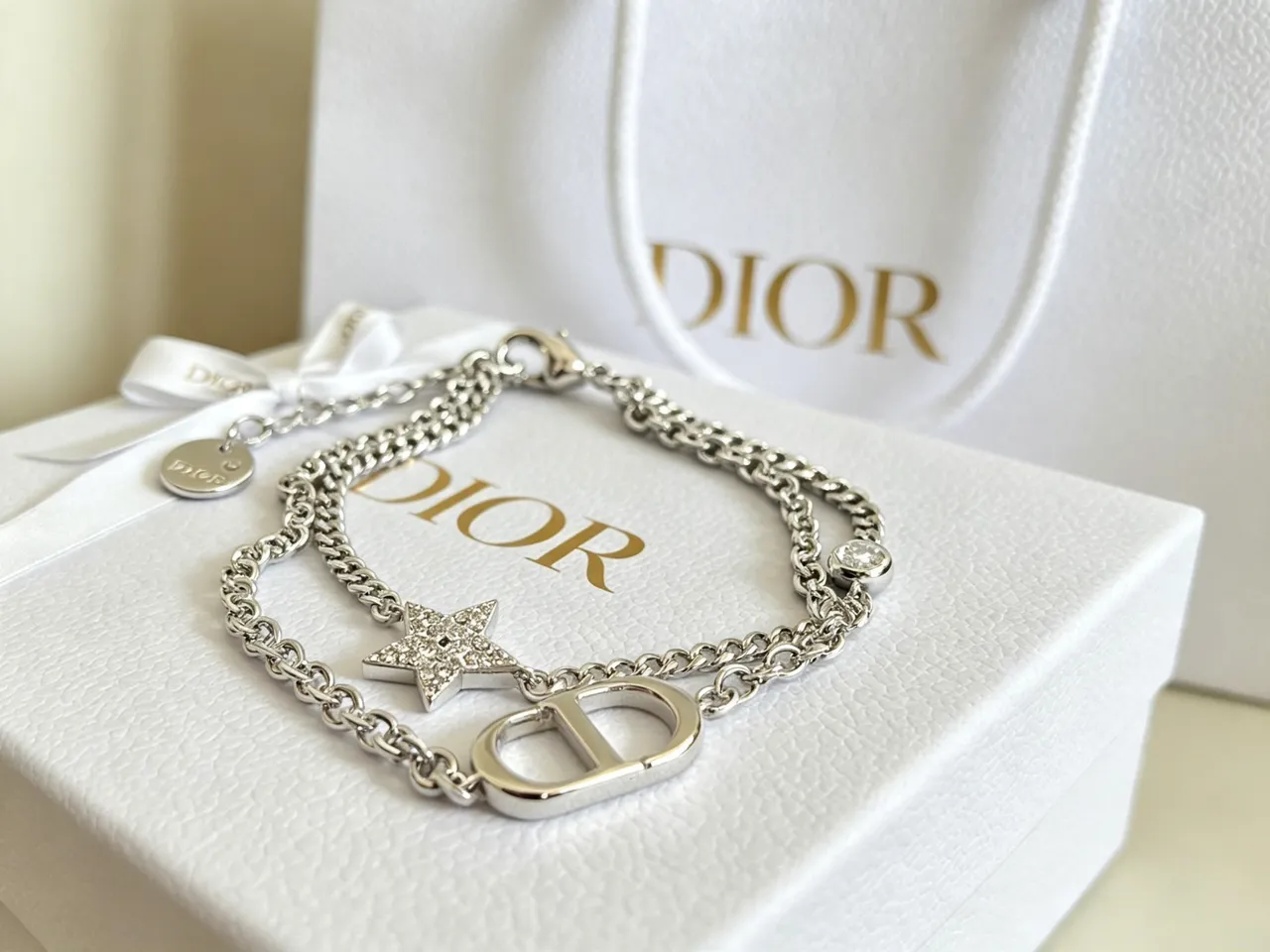 Pulsera Dior Plata Transparente Cadena Curb Doble Capa Pavé Cristal Estrella Encanto 4