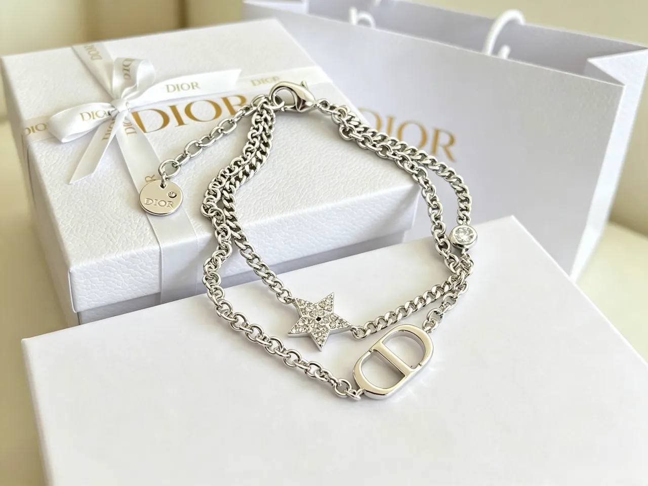 Pulsera Dior Plata Transparente Cadena Curb Doble Capa Pavé Cristal Estrella Encanto 5