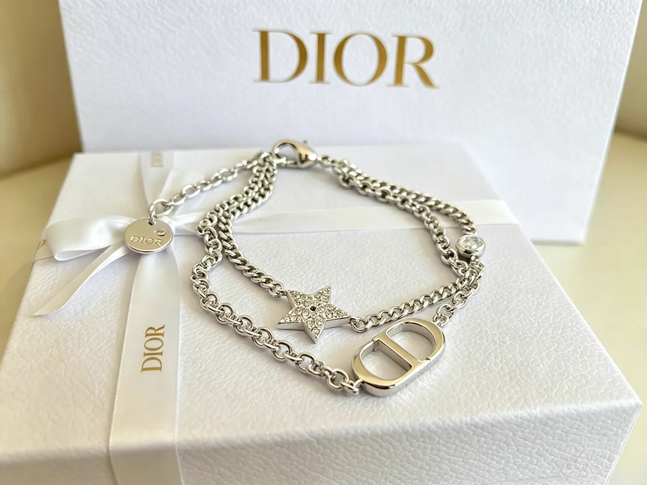 Pulsera Dior Plata Transparente Cadena Curb Doble Capa Pavé Cristal Estrella Encanto 6