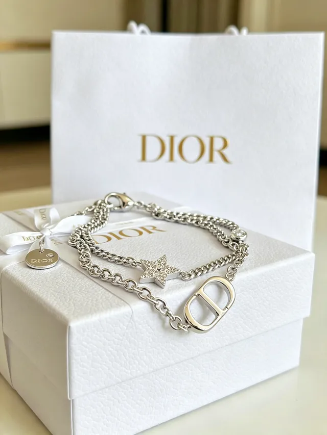 Pulsera Dior Plata Transparente Cadena Curb Doble Capa Pavé Cristal Estrella Encanto 7