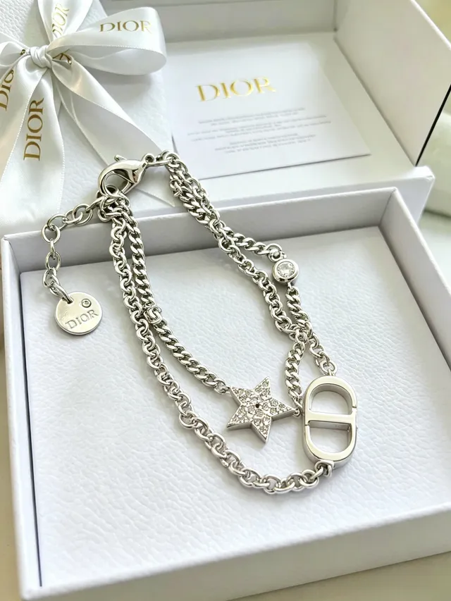 Pulsera Dior Plata Transparente Cadena Curb Doble Capa Pavé Cristal Estrella Encanto 8
