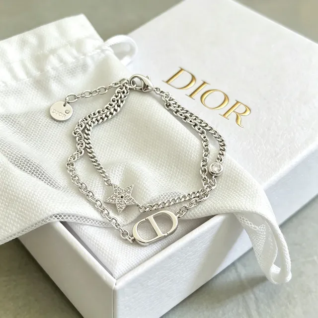 Pulsera Dior Plata Transparente Cadena Curb Doble Capa Pavé Cristal Estrella Encanto 9
