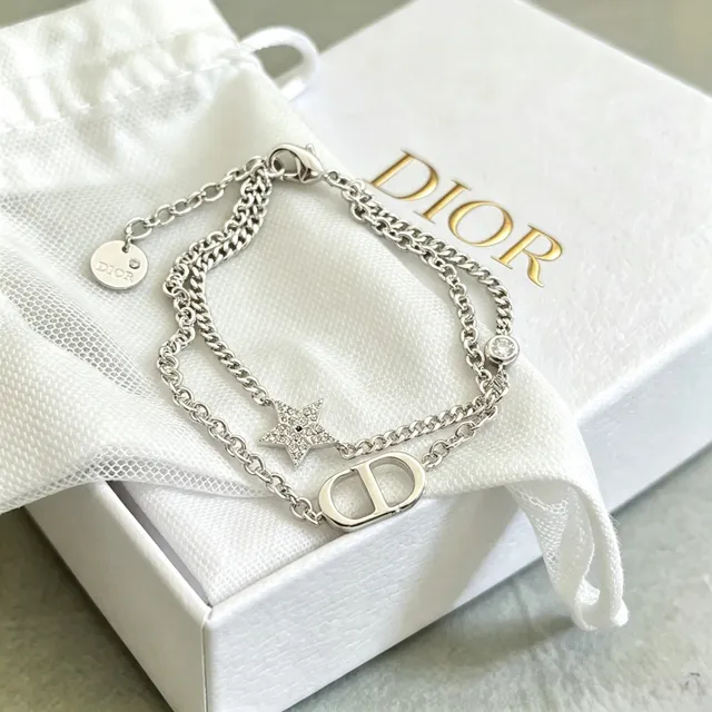 Pulsera Dior Plata Transparente Cadena Curb Doble Capa Pavé Cristal Estrella Encanto 10