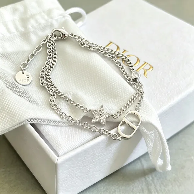 Pulsera Dior Plata Transparente Cadena Curb Doble Capa Pavé Cristal Estrella Encanto 11