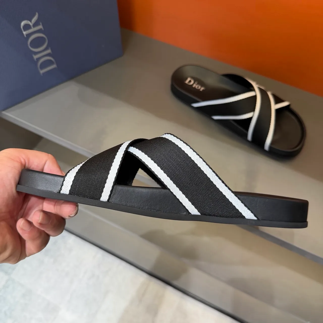 Dior Slide Black and White Woven Strap Slippers 2