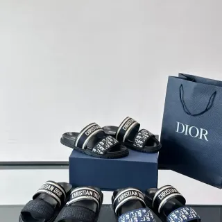 Dior Slide Negro Navy Dos Correas Tejido Monogramado Sandalias