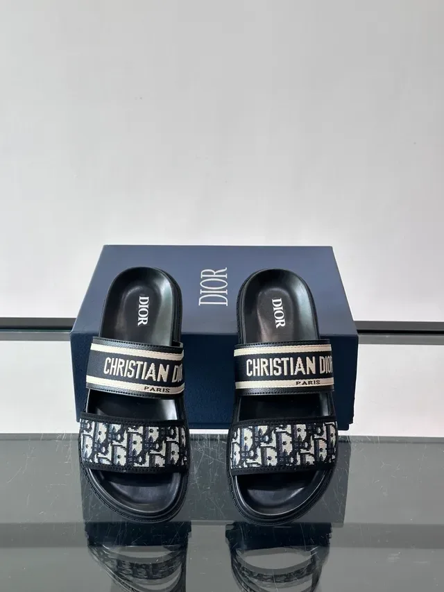 Dior Slide Black Navy Two-Strap Monogrammed Webbing Slippers 5