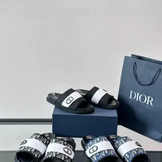 Dior Slide Negro Blanco Correa Monogram-Patterned Hebilla Metal CD Sandalias