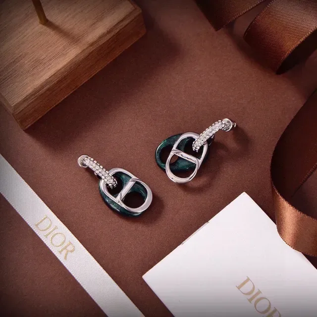 Dior Tribales সবুজ রূপালী D-আকৃতির মোটিফ ইনামেল-ভরা কানের দুল 3