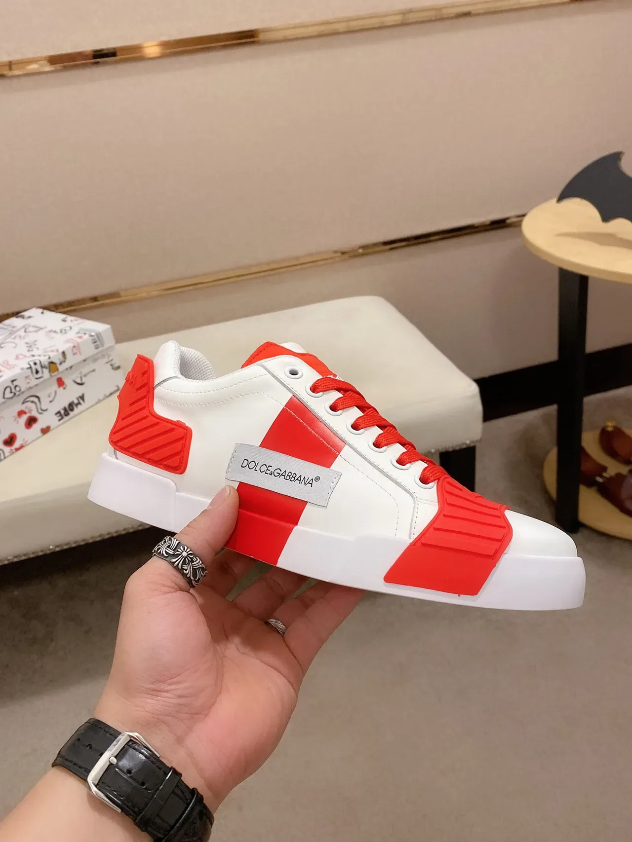 Dolce & Gabbana White Red Leather Upper Bold Rubber Overlays Lifestyle Sneakers 7
