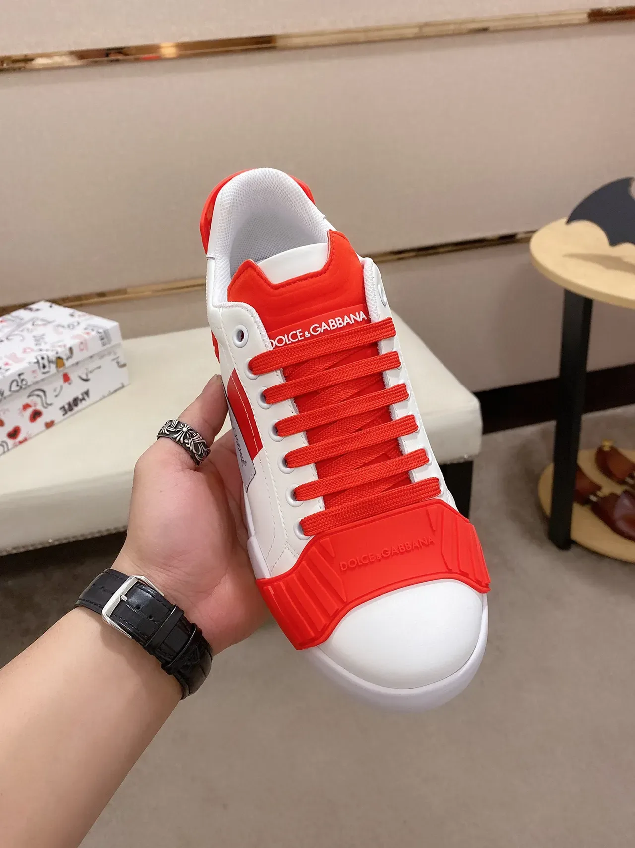 Dolce & Gabbana White Red Leather Upper Bold Rubber Overlays Lifestyle Sneakers 9