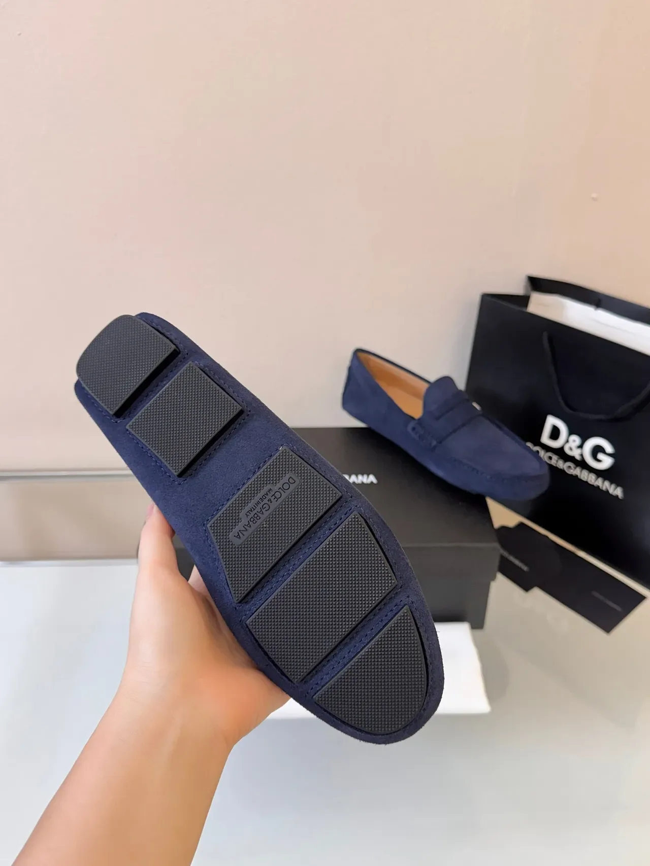 Mocasín Penny Dolce & Gabbana Navy Beige Ante con Correa 5