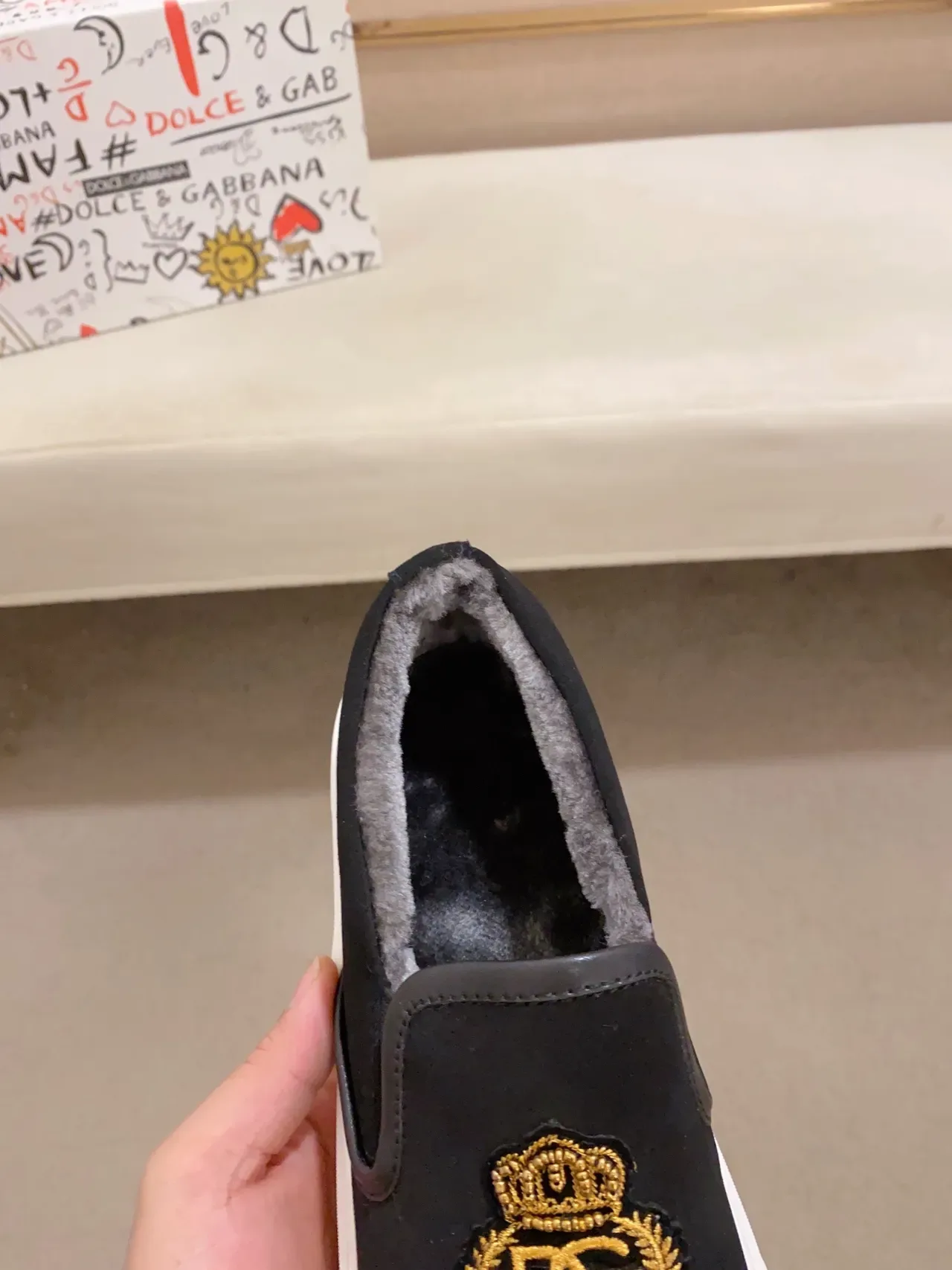 Dolce & Gabbana Portofino Black Gold Slip-On Suede Upper Lifestyle Sneakers 4