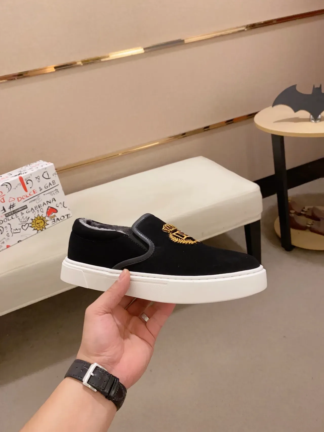 Dolce & Gabbana Portofino Black Gold Slip-On Suede Upper Lifestyle Sneakers 5