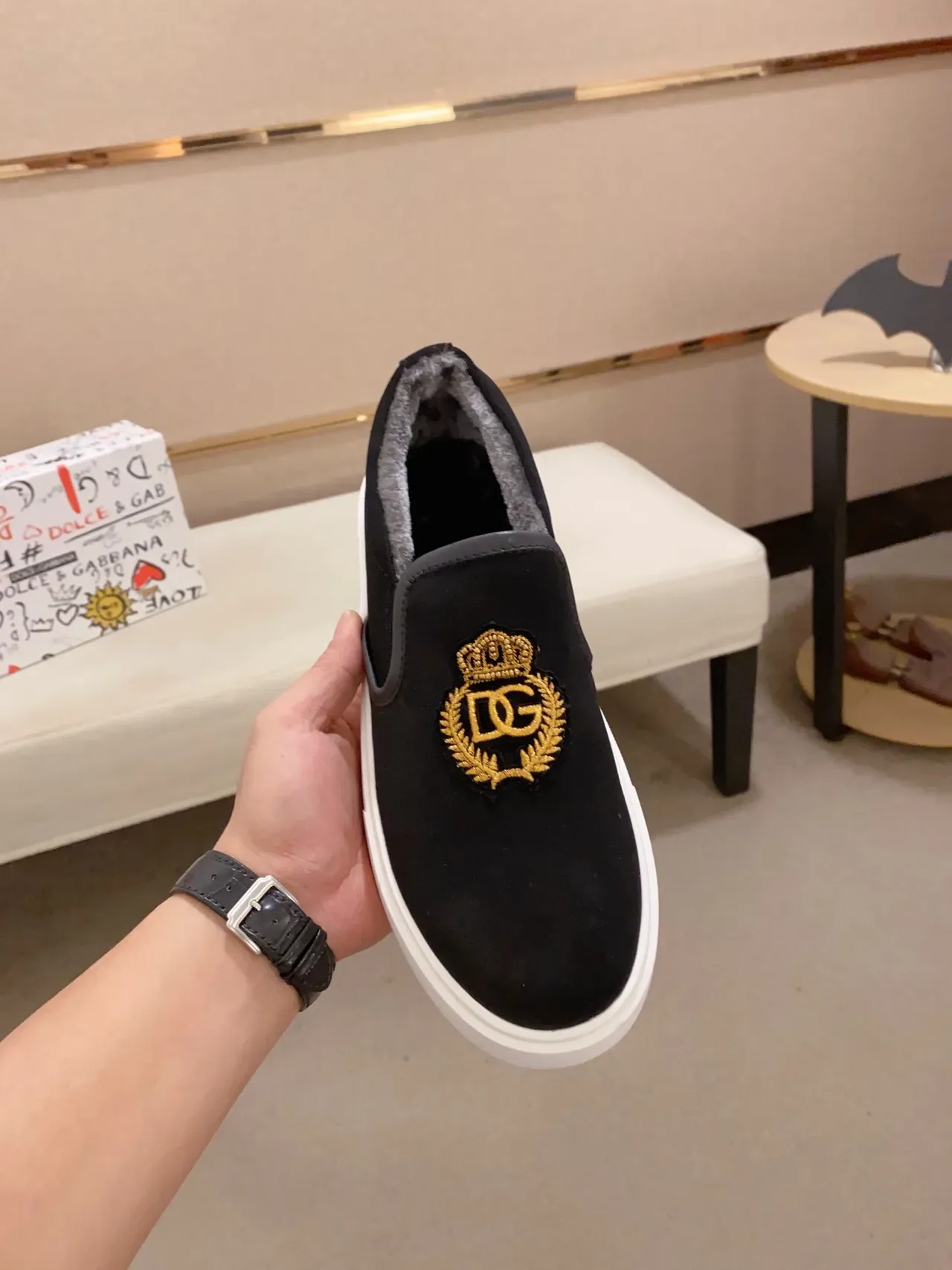 Dolce & Gabbana Portofino Black Gold Slip-On Suede Upper Lifestyle Sneakers 6