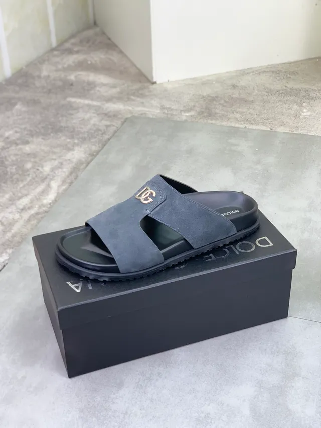 Dolce & Gabbana Portofino 灰色麂皮 DG Logo 拖鞋 4