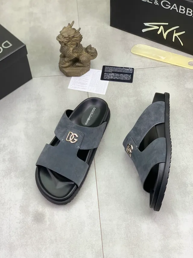 Dolce & Gabbana Portofino 灰色麂皮 DG Logo 拖鞋 5