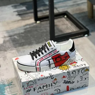 Dolce & Gabbana White Red Graphic-Print Leather Low-Top Sneakers