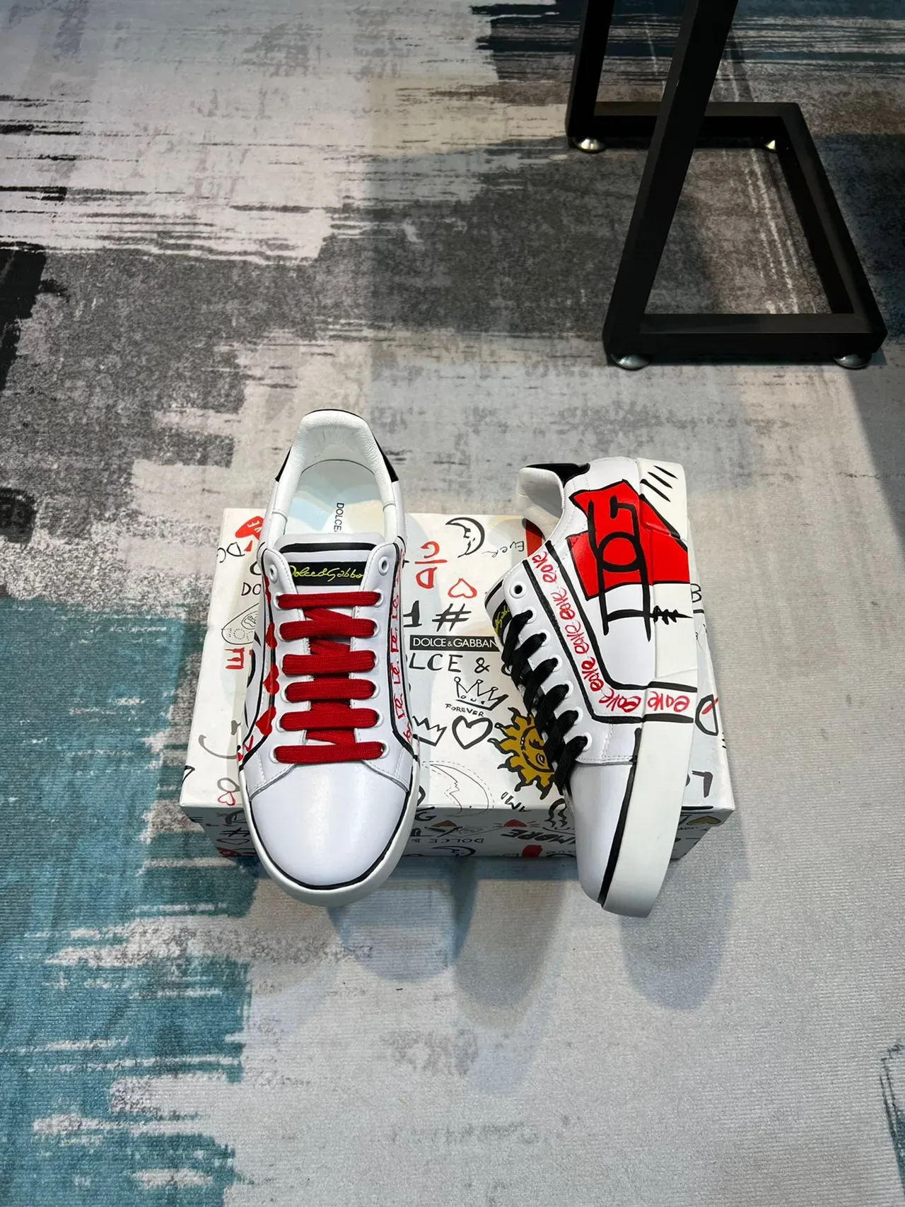 Dolce & Gabbana White Red Graphic-Print Leather Low-Top Sneakers 4