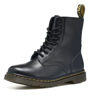 Dr. Martens 1460 काले चिकने चमड़े के पीले सिलाई वाले मार्टिन जूते