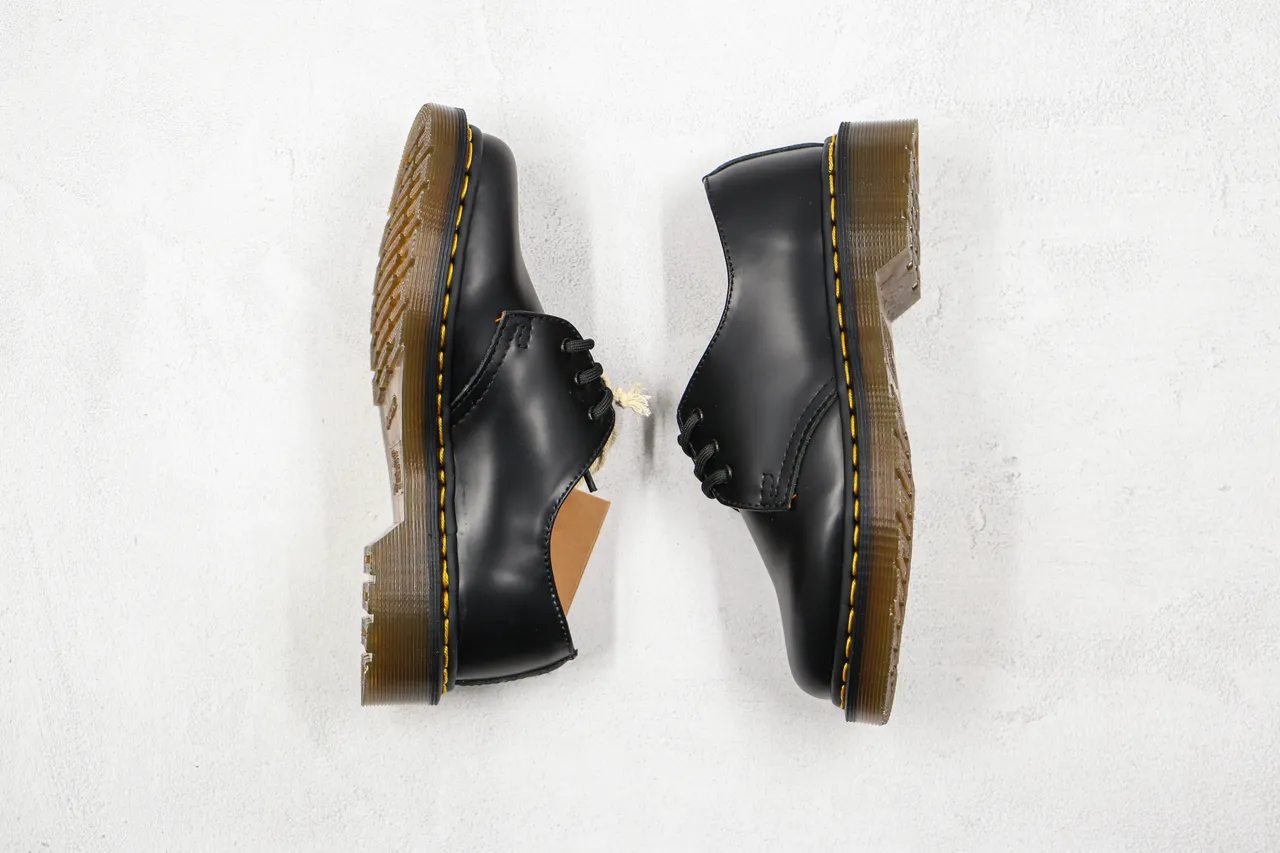 Dr. Martens 1461 Negro Amarillo Cuero Liso Tres Ojos Derby Cordones Oxford Zapatos 2