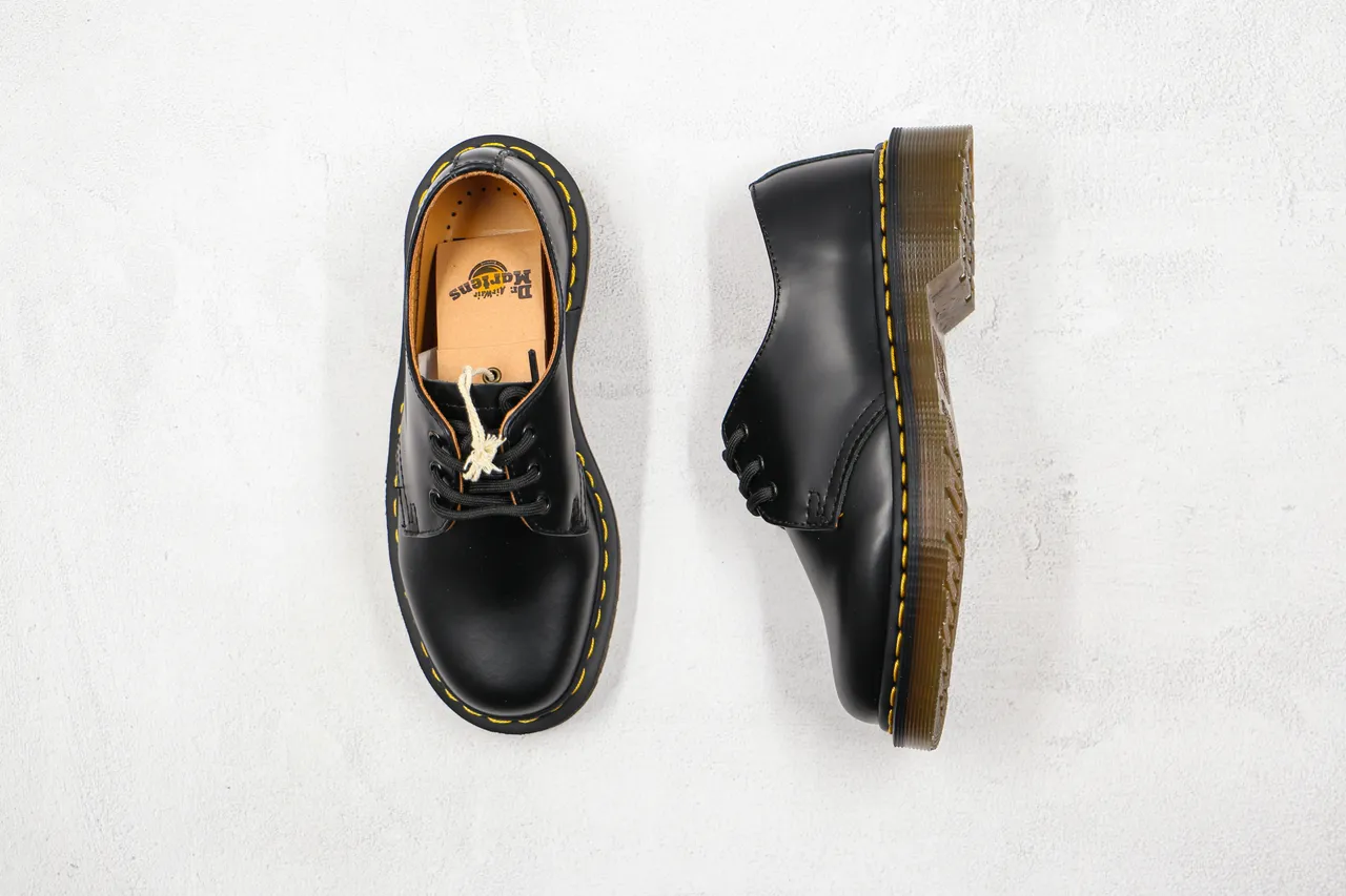 Dr. Martens 1461 Negro Amarillo Cuero Liso Tres Ojos Derby Cordones Oxford Zapatos 3