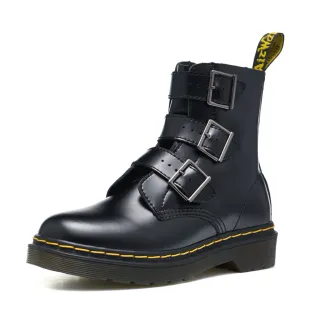 Dr. Martens तीन बकिल पट्टी काला चमड़ा मार्टिन बूट
