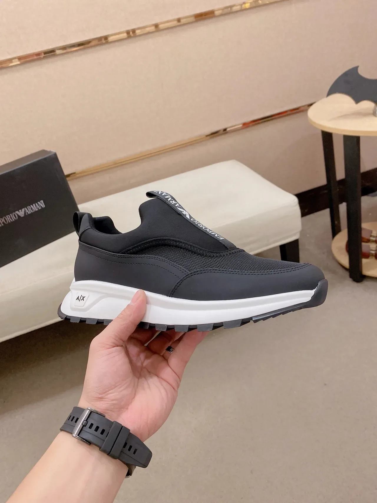 Emporio Armani A|X Black White Slip-On Mesh-and-Neoprene Upper Lifestyle Sneakers 5