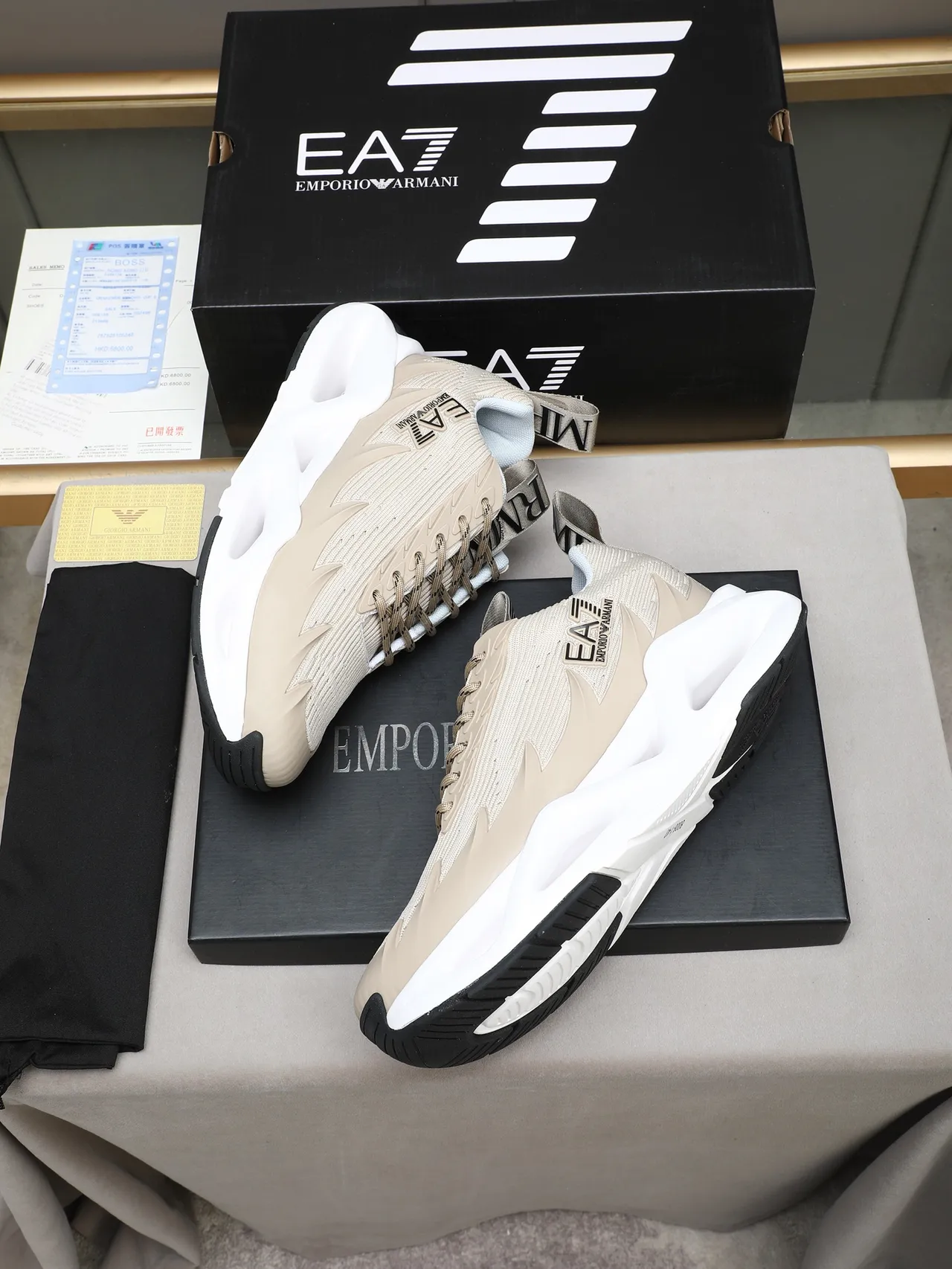 Emporio Armani Beige Blanco Escultido Planta Media Tejido Acanalado Superior Zapatillas Gruesas 3
