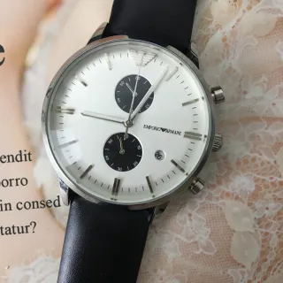 Emporio Armani क्रोनोग्राफ सफेद डायल काला चमड़े का पट्टा क्वार्ट्ज घड़ी