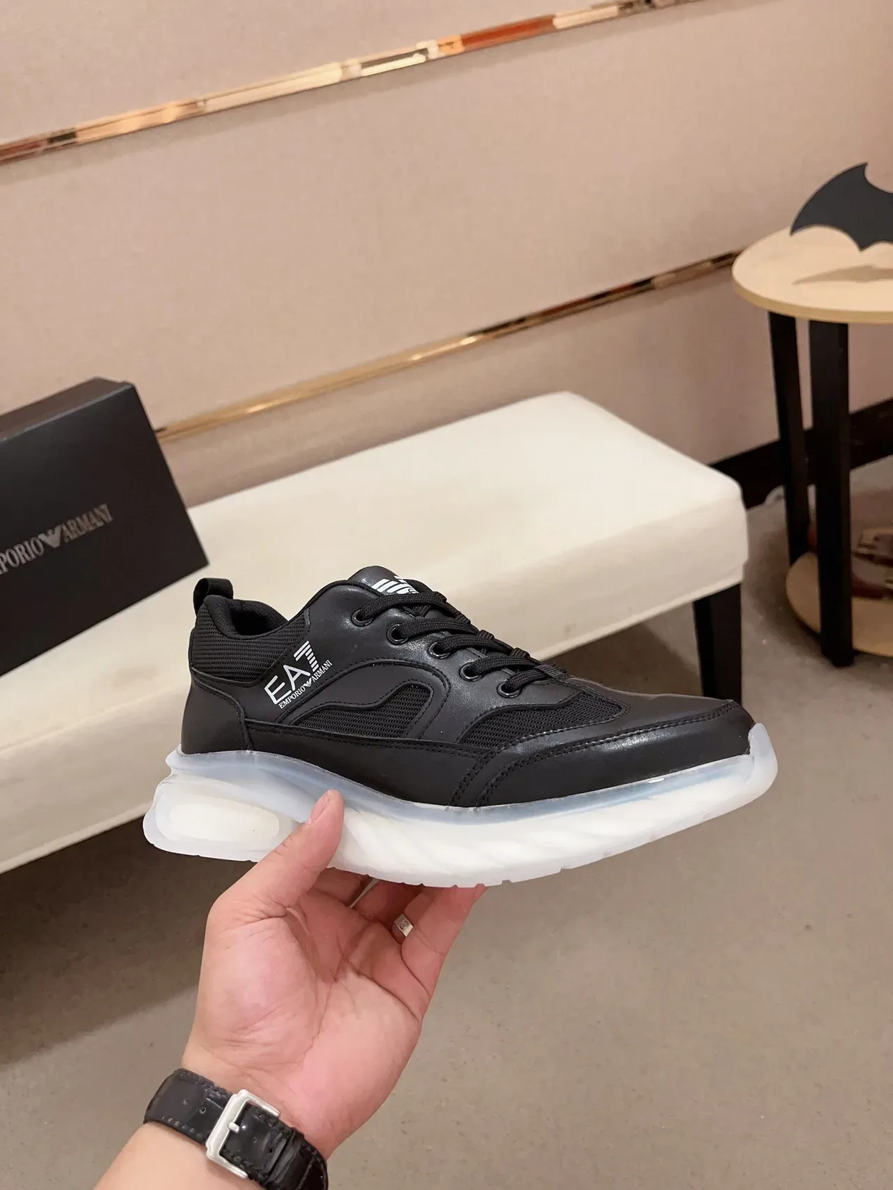 Emporio Armani EA7 黑色皮革网面生活运动鞋 4