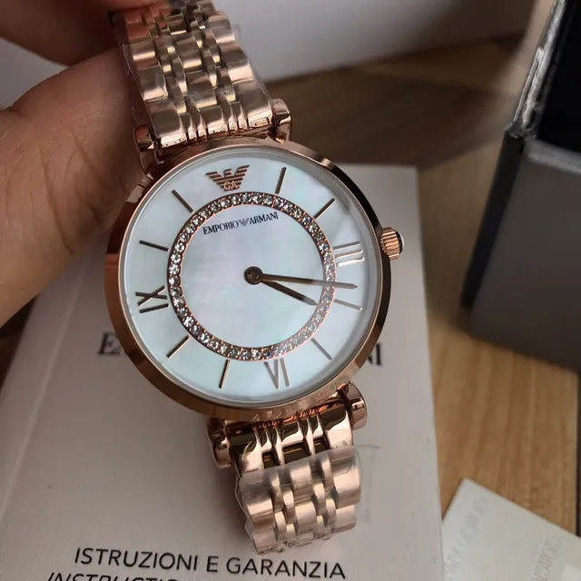 Emporio Armani गोल्ड व्हाइट गुलाब स्टेनलेस स्टील मातर ऑफ पर्ल डायल क्वार्ट्ज घड़ी 5