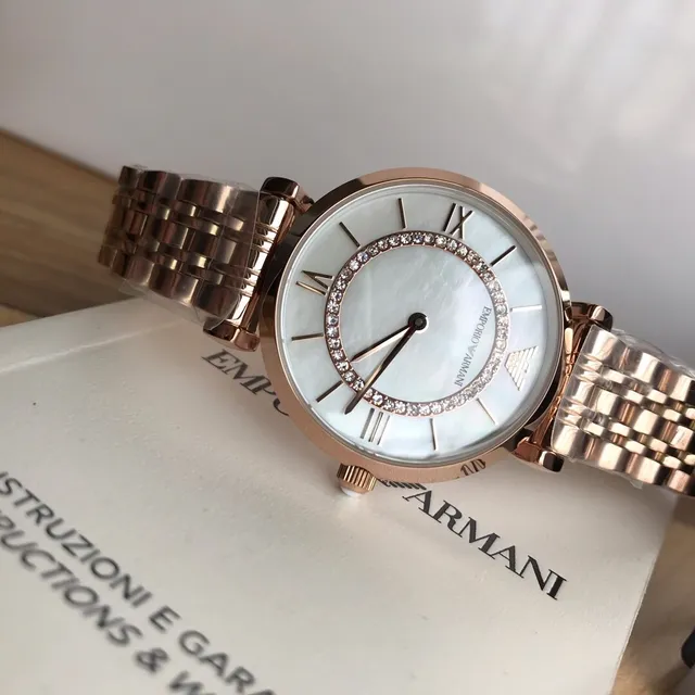 Emporio Armani गोल्ड व्हाइट गुलाब स्टेनलेस स्टील मातर ऑफ पर्ल डायल क्वार्ट्ज घड़ी 6