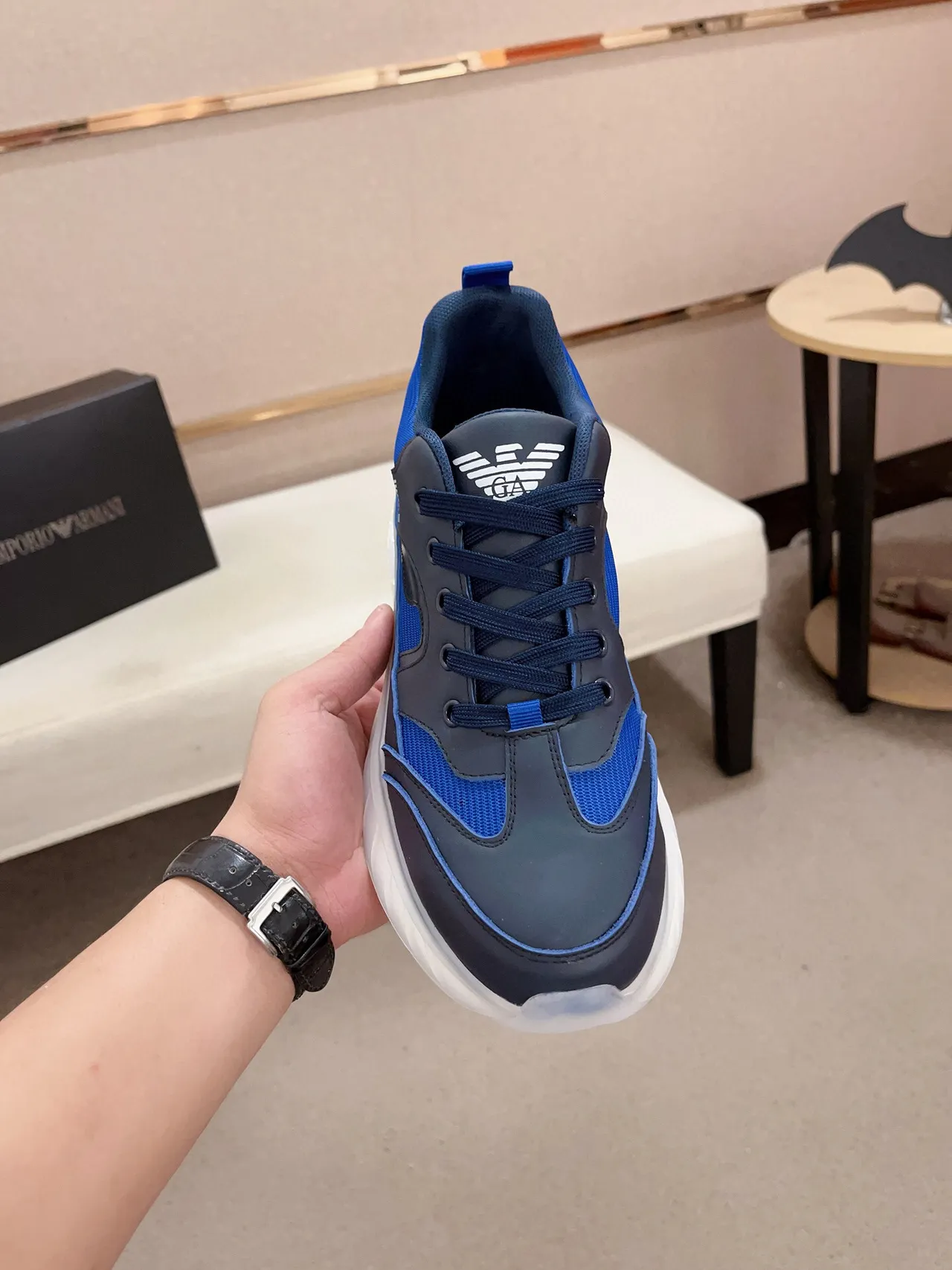 Emporio Armani Chaussures Chunky Navy Blue Royal Colorblock avec maille et superpositions synthétiques 2