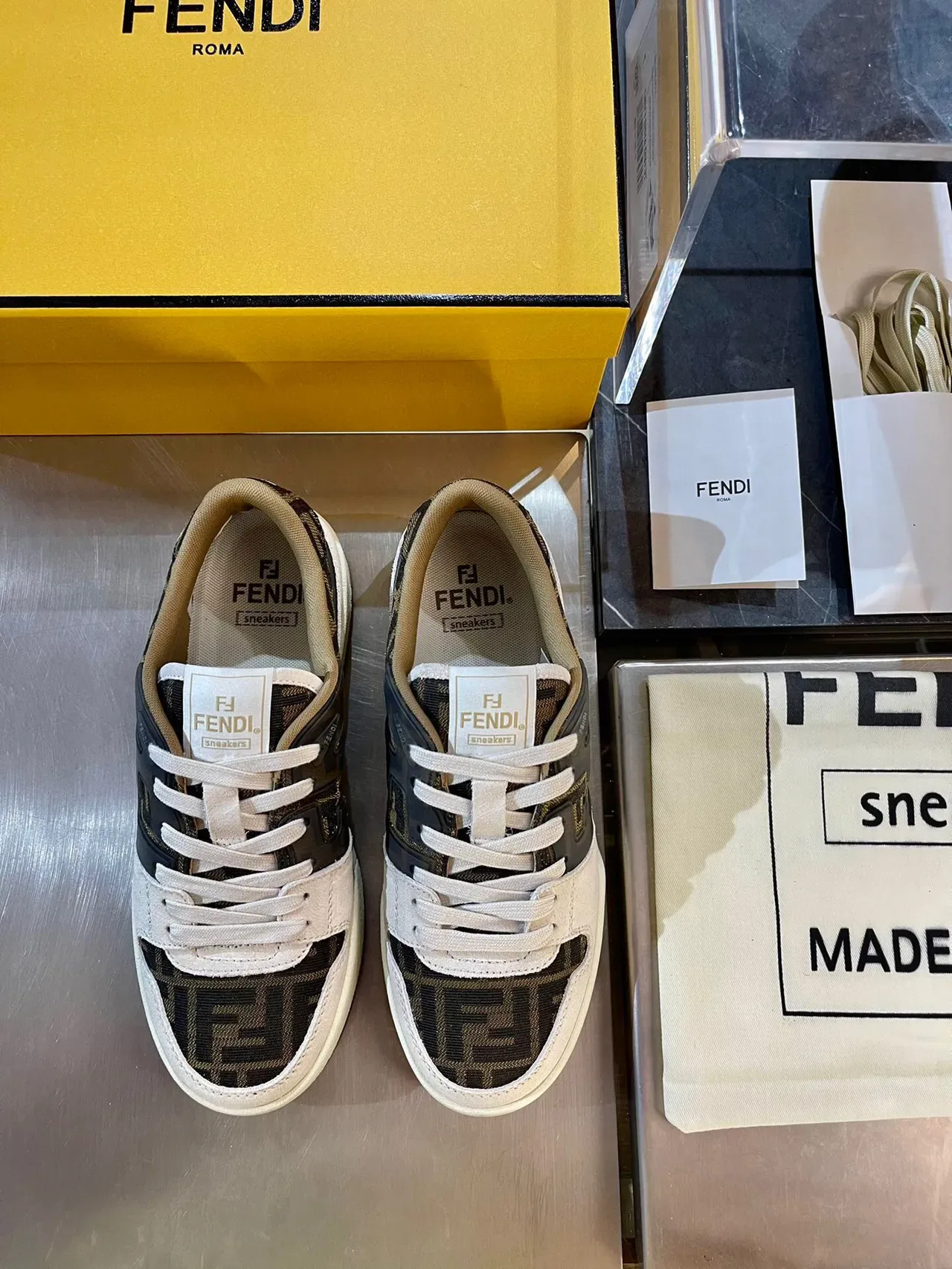 Fendi Beige Black Low-Top Monogram Textile Panels Lifestyle Sneakers 4